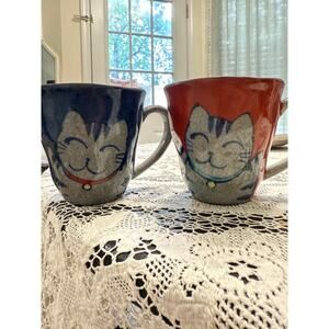 Arita Hasami Ware Cat Mugs PAIR Red & Blue Ceramic Coffee Mugs Maneki Neko
